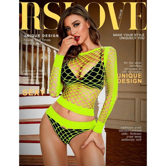 🆕 Women Yellow Sexy Mesh Lingerie Fishnet Babydoll Long Sleeve Bodysuit Shirts - Picture 2 of 5